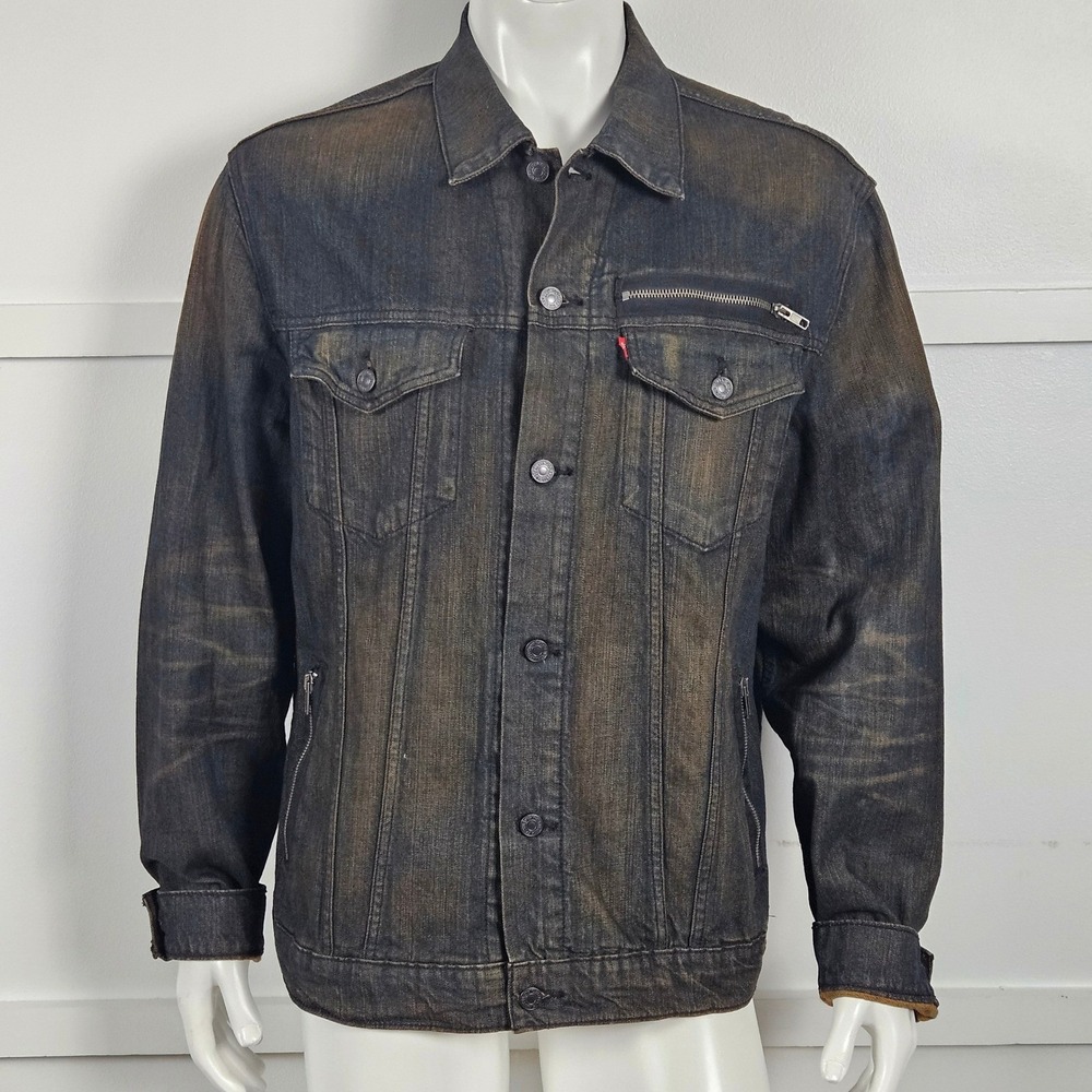 Levis Mens Dirty Wash Denim Trucker Jacket Dark Indigo Brown Tint Size L